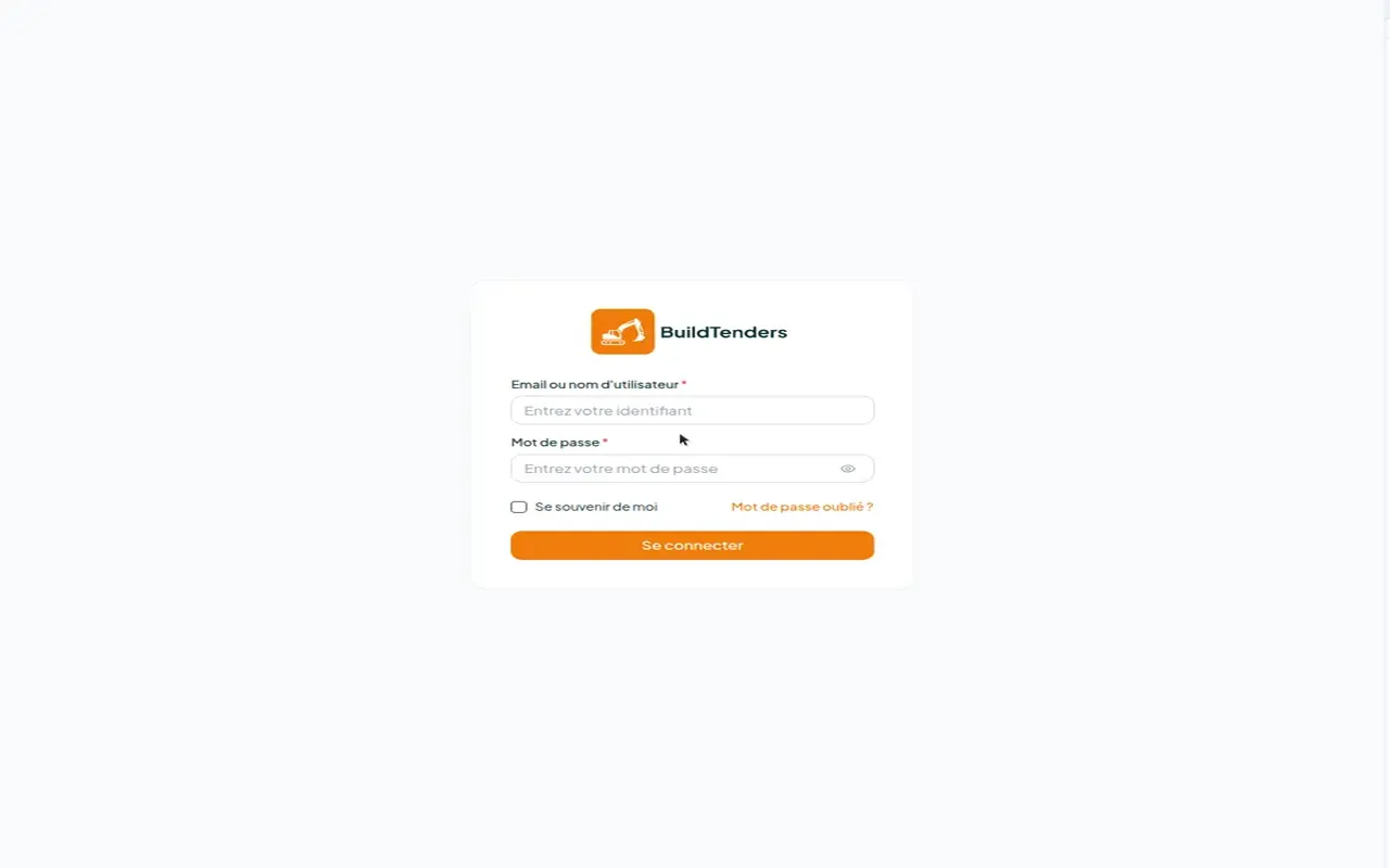 Page de connexion BuildTenders avec logo, champs e-mail et mot de passe