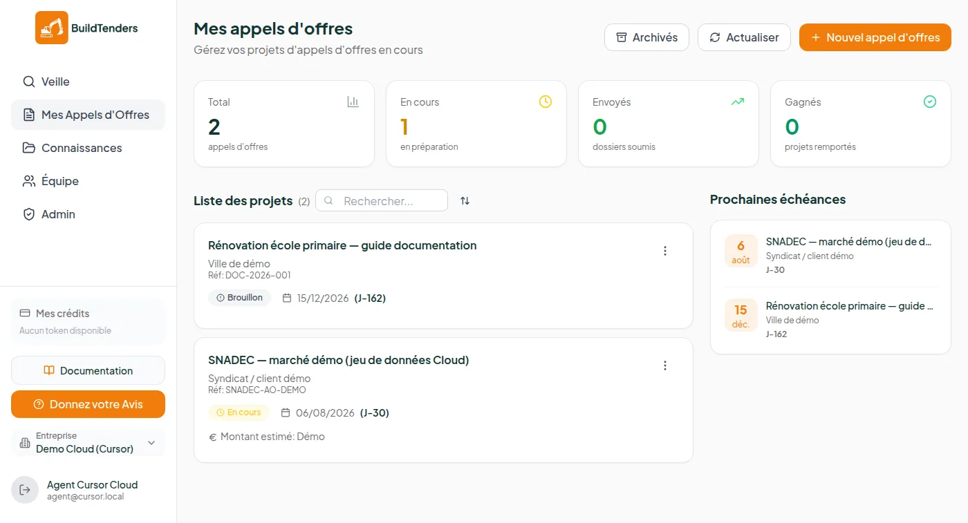 Liste des appels d'offres avec indicateurs, cartes de dossiers et échéances