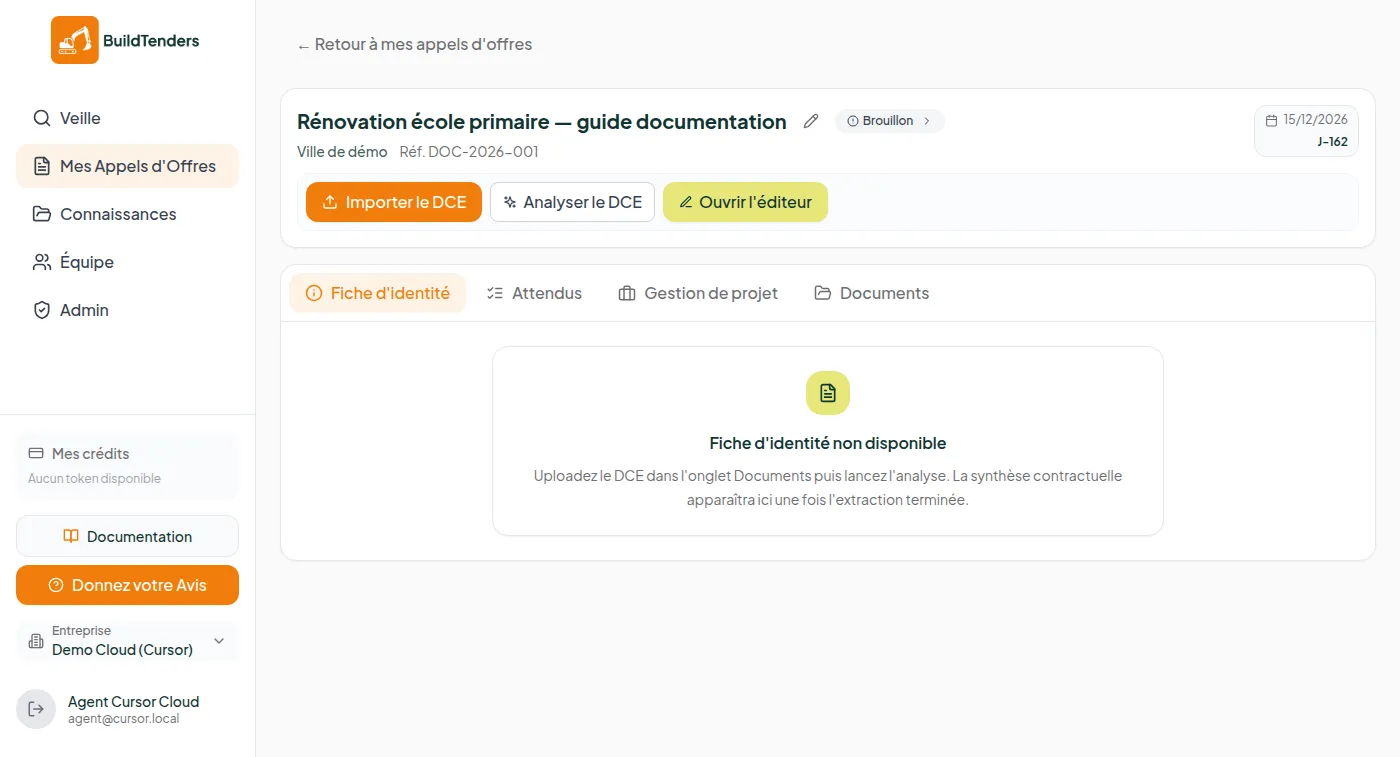 Fiche d'un appel d'offres avec boutons d'action et onglets