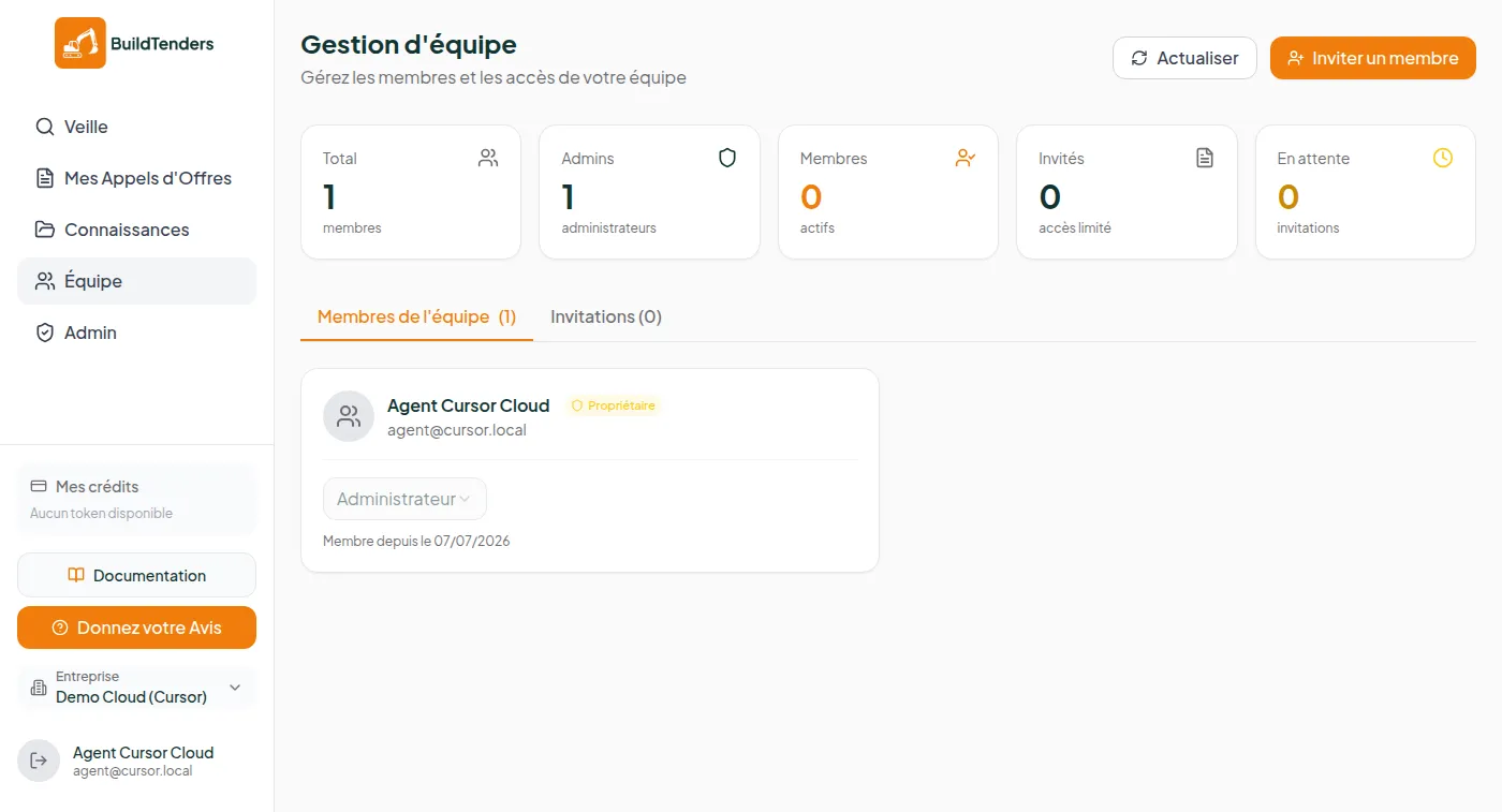 Page Équipe de l'entreprise avec liste des membres