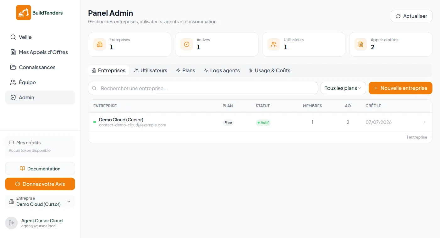 Page paramètres ou administration de l'application