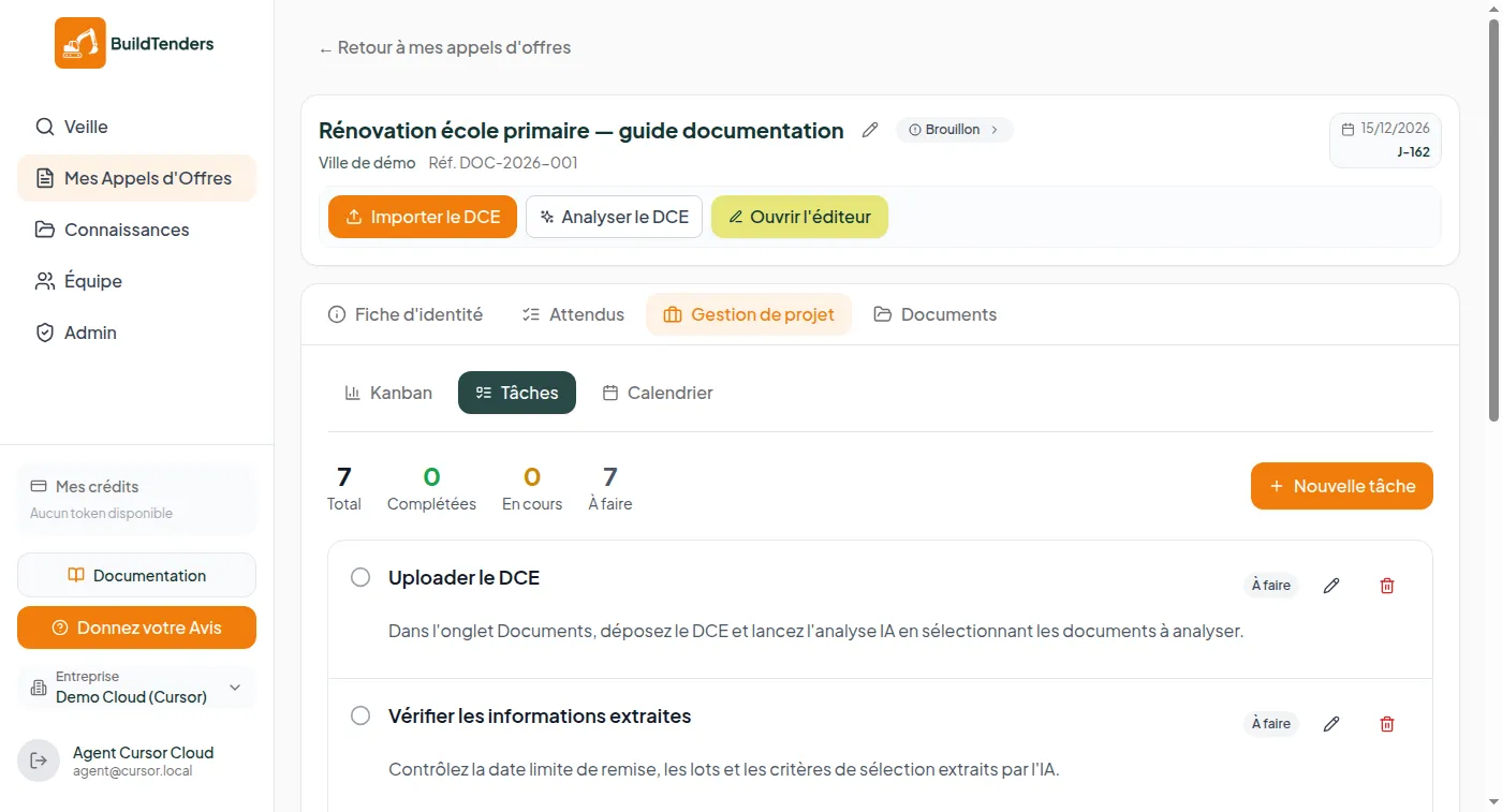 Liste des 7 tâches tutoriel avec statuts et descriptions